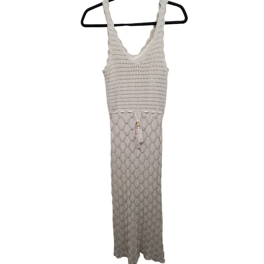 Freshman 1996 Crochet Knit Sleeveless Maxi Dress Tassel Tie Waist In Ivory‎ Size